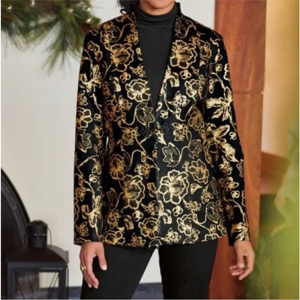 Soft Surroundings Moonstruck Metallic Gold Brocade Blazer Jacket Large Holiday